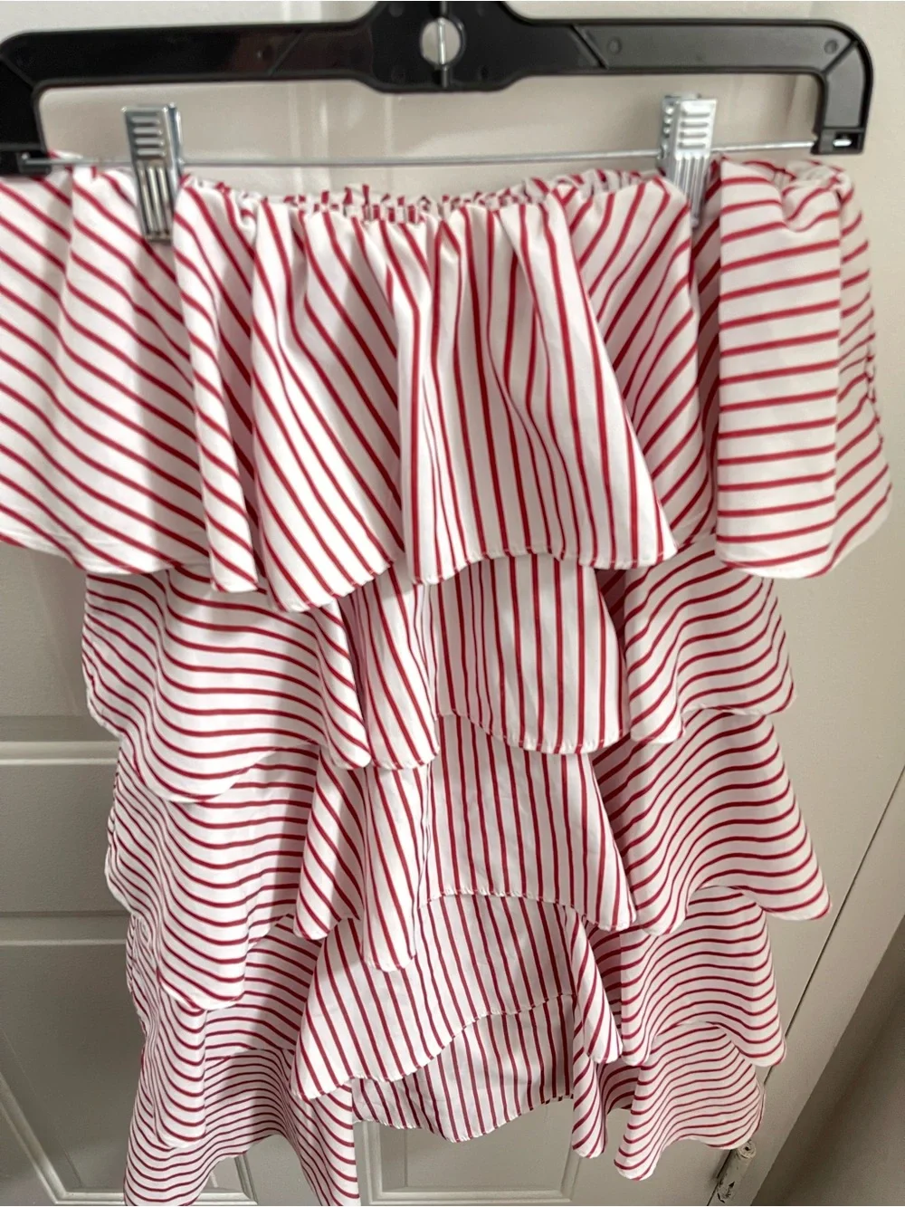 LULUS Red and White Striped Ruffle Tiered over under the Shoulder Dress Medium